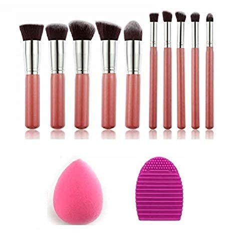 MISS & MAM Nylon Bristle Makeup Brushes Kit With Blender Sponge and Brush Egg- Pink, Silver, 10+2 Pcs