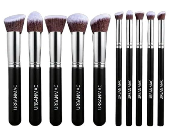 URBANMAC Premium Synthetic Kabuki Foundation Face Powder Blush Eyeshadow Brush Makeup Brush Kit with Blender Sponge (10 pcs, Black/Silver) - Image 2