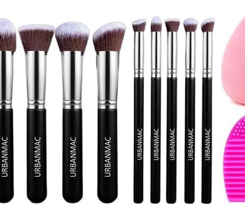 URBANMAC Premium Synthetic Kabuki Foundation Face Powder Blush Eyeshadow Brush Makeup Brush Kit with Blender Sponge and Brush Cleaner (10 pcs, Black/Silver)