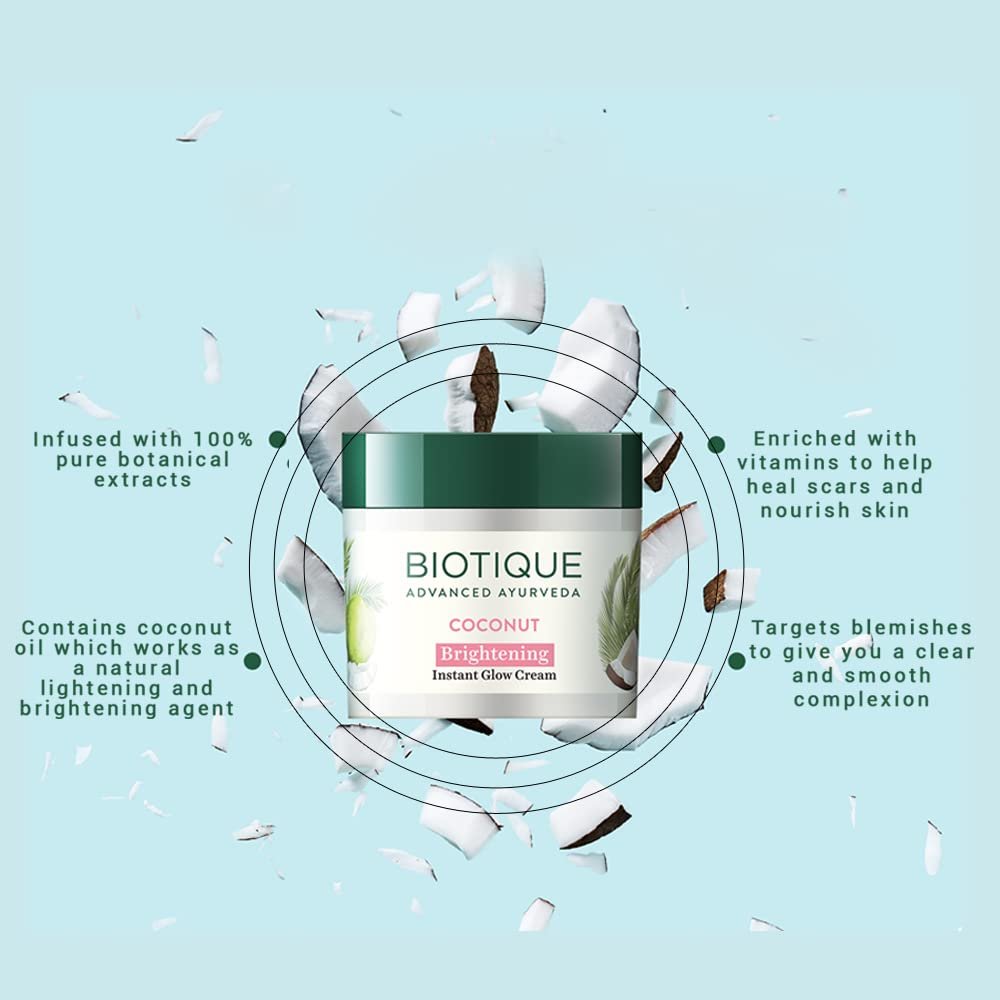 Biotique Coconut Brightening Instant Glow Cream| Lightweight and Non-Greasy | Reduces Dark Spots and Protects Ageing | Nourished and Moisturized Skin |100% Botanical Extracts| All Skin Types | 50gm - Image 3
