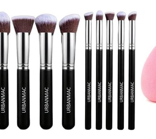 URBANMAC Premium Synthetic Kabuki Foundation Face Powder Blush Eyeshadow Brush Makeup Brush Kit with Blender Sponge (10 pcs, Black/Silver)