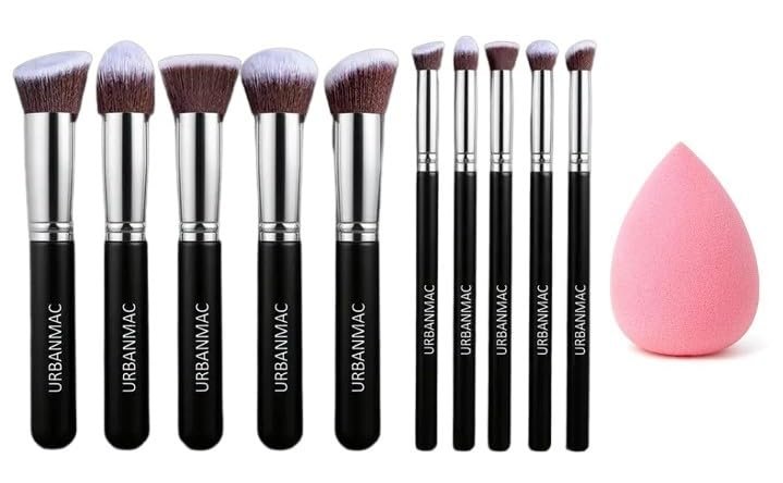 URBANMAC Premium Synthetic Kabuki Foundation Face Powder Blush Eyeshadow Brush Makeup Brush Kit with Blender Sponge (10 pcs, Black/Silver)