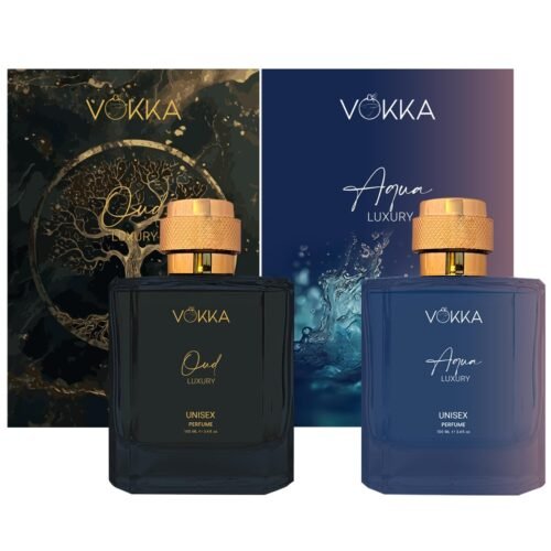 VOKKA Oud & Aqua 200 ml | Pack of 2 x 100ml Unisex Luxury Long Lasting Woody Aquatic Perfume Gift Set For Men And Women | Aquatic Scent Eau De Parfum | EDP Fragrance for Gift | Notes: Aqua Woody Musky