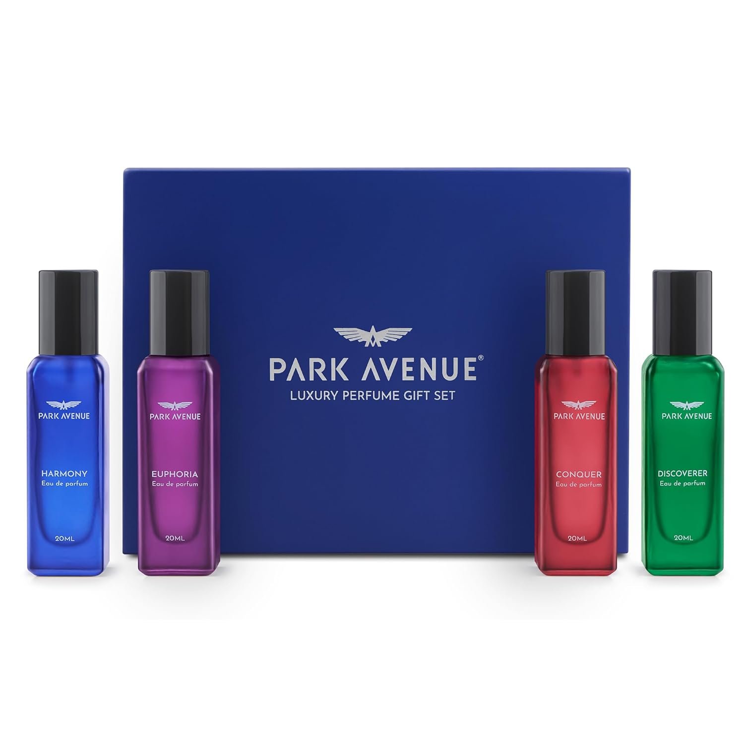 Park Avenue Luxury Perfume Gift Set for Men, 4x20 ml | Euphoria, Conquer, Harmony & Discoverer Perfume | Eau De Parfum | Premium Luxury Perfume for Corporate Man | Long lasting Fragrance | Gift for Men | Rakshabandhan Gifts for Brother | Ideal Birthday, Anniversary Gift Set for men.