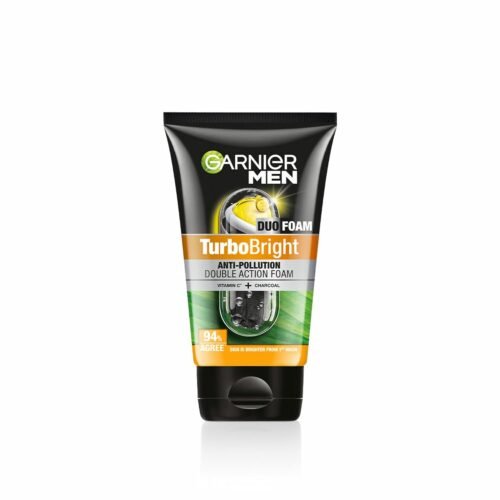 Garnier Men Turbo Bright Double Action Face Wash, Deep Cleansing Anti Pollution Face Wash with Charcoal and Vitamin C, Suitable for all Skin Types, 150g