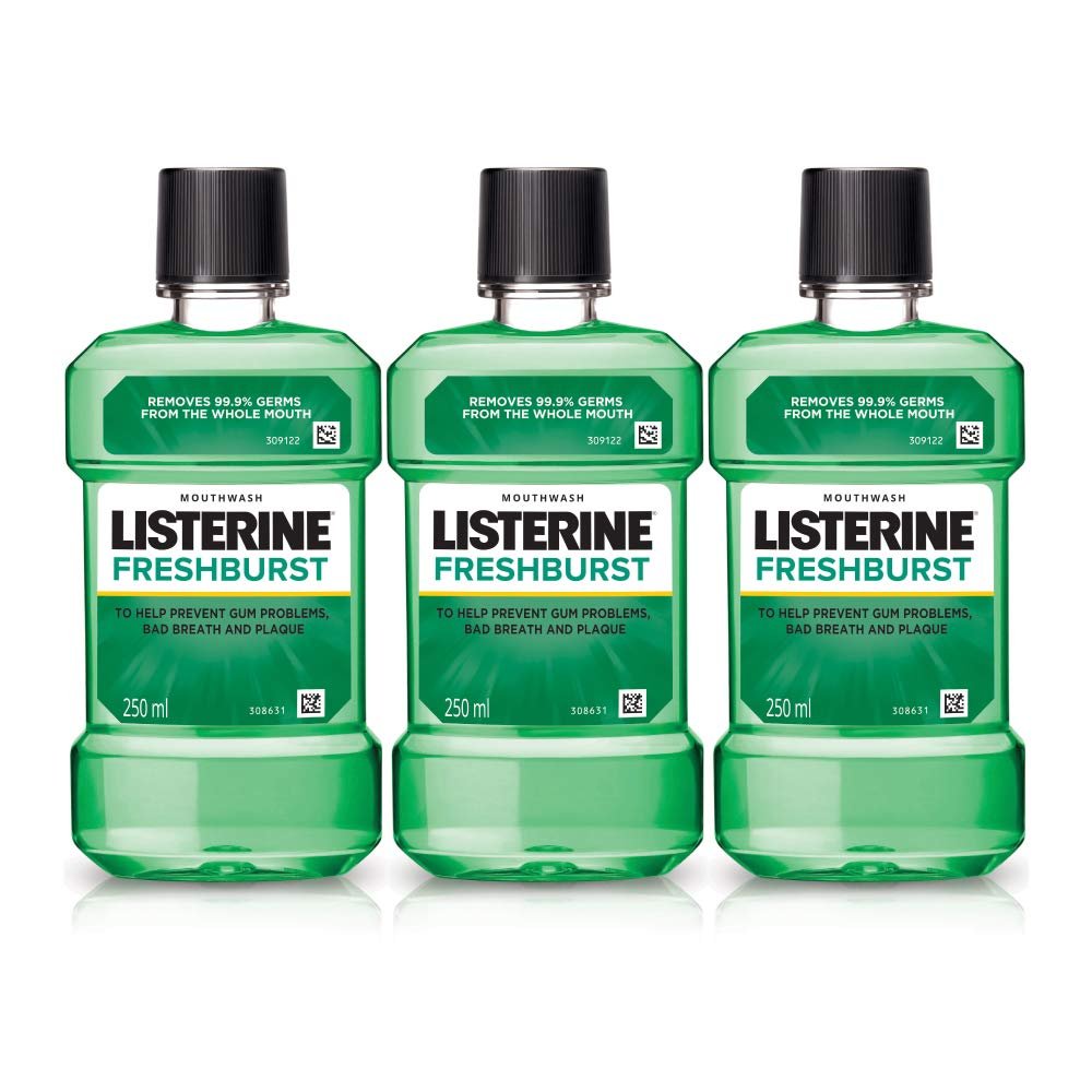 Listerine Fresh Burst Mouthwash Liquid, Removes 99.9% Germs, 250ml (Pack of 3)