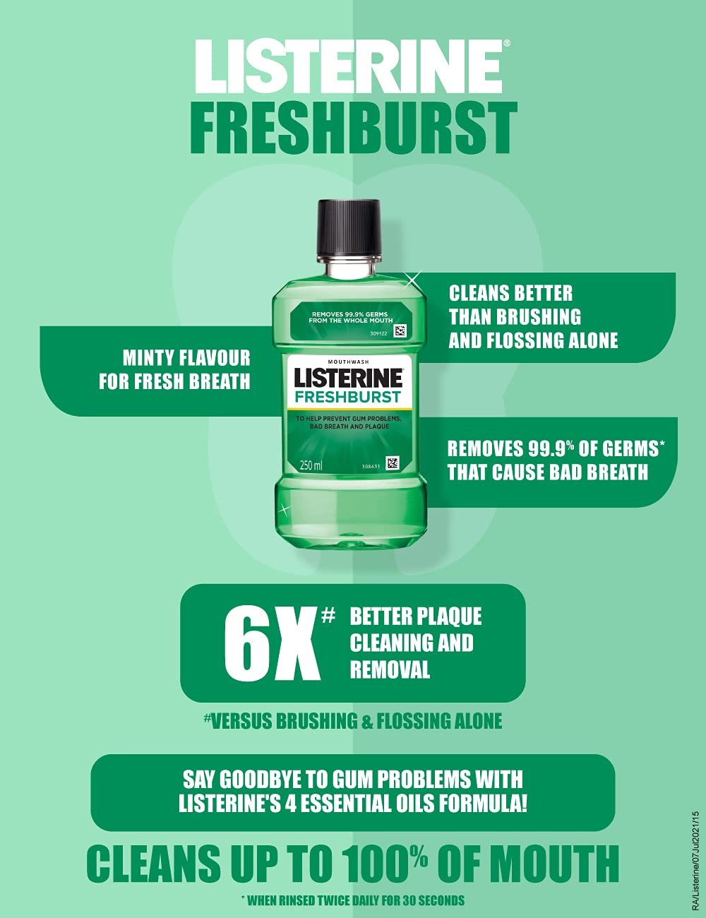 Listerine Fresh Burst Mouthwash Liquid, Removes 99.9% Germs, 250ml (Pack of 3) - Image 2