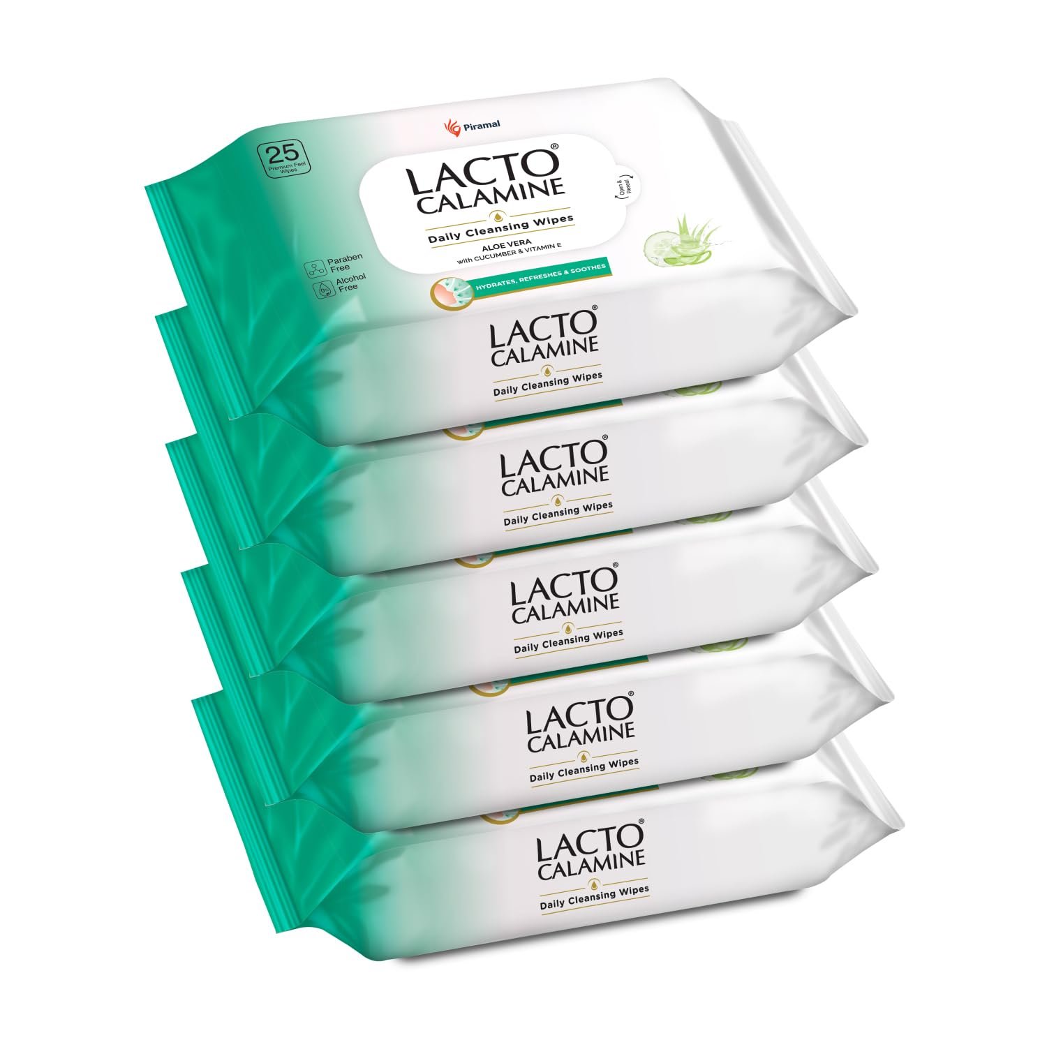 Lacto Calamine Daily Cleansing Face Wipes 25N Each - Pack of 5 | Makeup Remover Wipes | Wet Tissue for Face with Aloe Vera, Cucumber & Vitamin E | Wet Wipes for Women & Men | Paraben & Alcohol Free