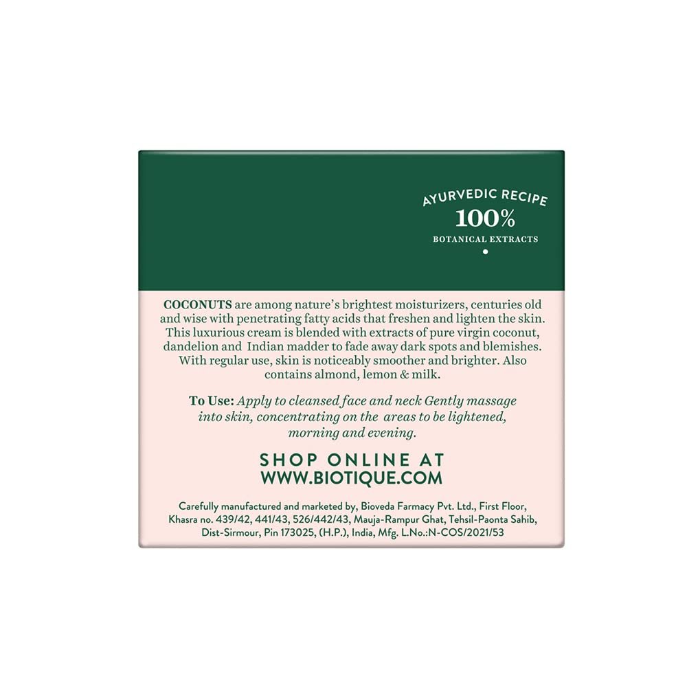 Biotique Coconut Brightening Instant Glow Cream| Lightweight and Non-Greasy | Reduces Dark Spots and Protects Ageing | Nourished and Moisturized Skin |100% Botanical Extracts| All Skin Types | 50gm - Image 2