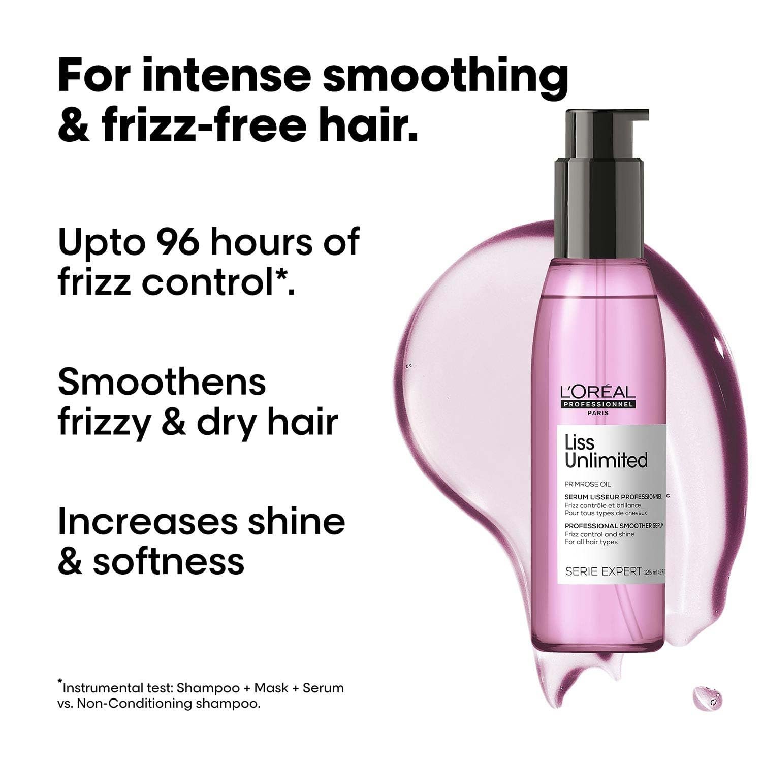 L'Or?al Professionnel Liss Unlimited Leave-In Hair Serum for Frizzy & Unruly Hair - 125ml | Intensive Smoothing Serum for Frizz-Control | Enriched with Primrose Oil | Increases Softness & Shine - Image 2