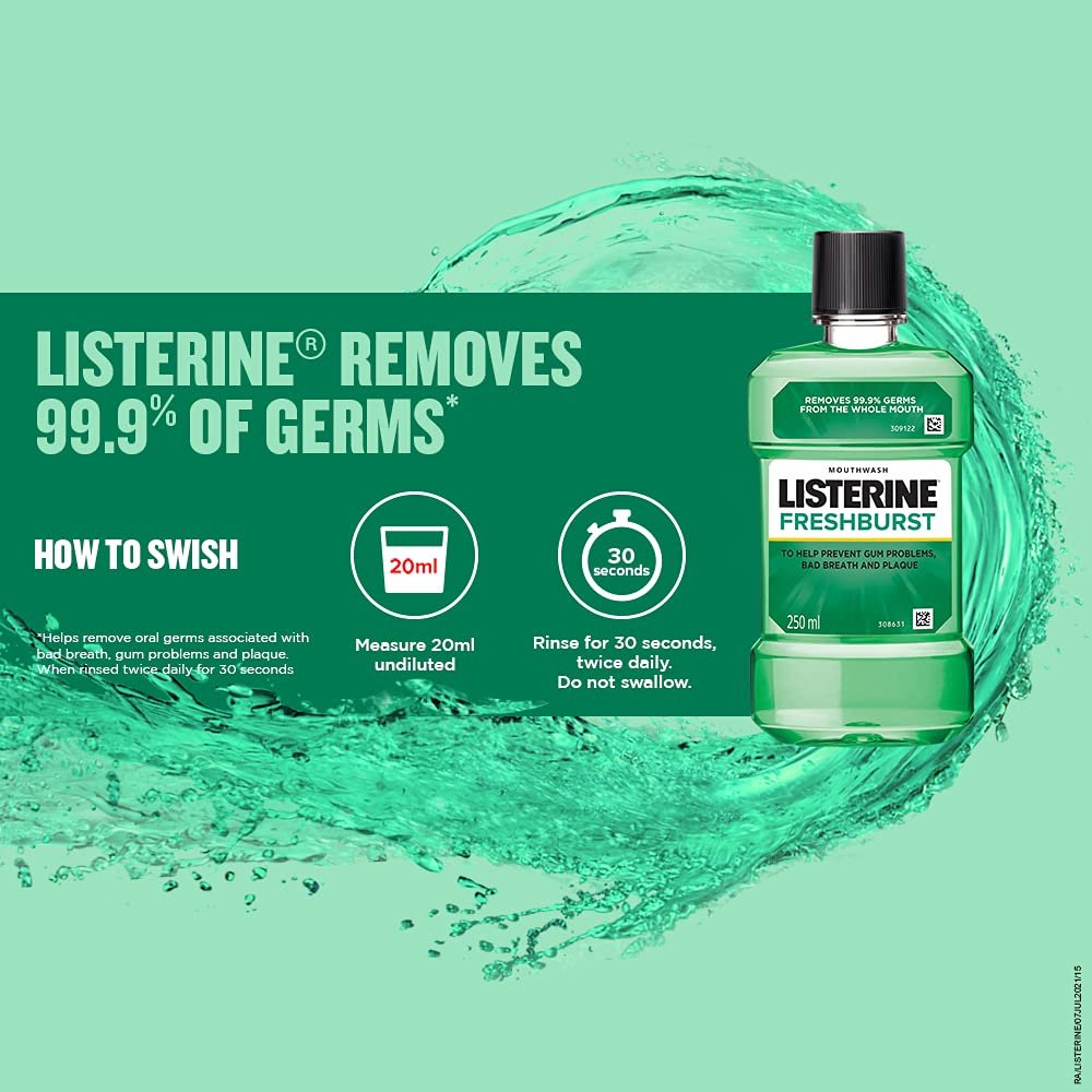 Listerine Fresh Burst Mouthwash Liquid, Removes 99.9% Germs, 250ml (Pack of 3) - Image 4
