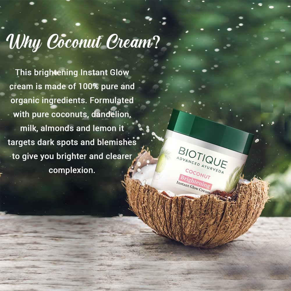 Biotique Coconut Brightening Instant Glow Cream| Lightweight and Non-Greasy | Reduces Dark Spots and Protects Ageing | Nourished and Moisturized Skin |100% Botanical Extracts| All Skin Types | 50gm - Image 4