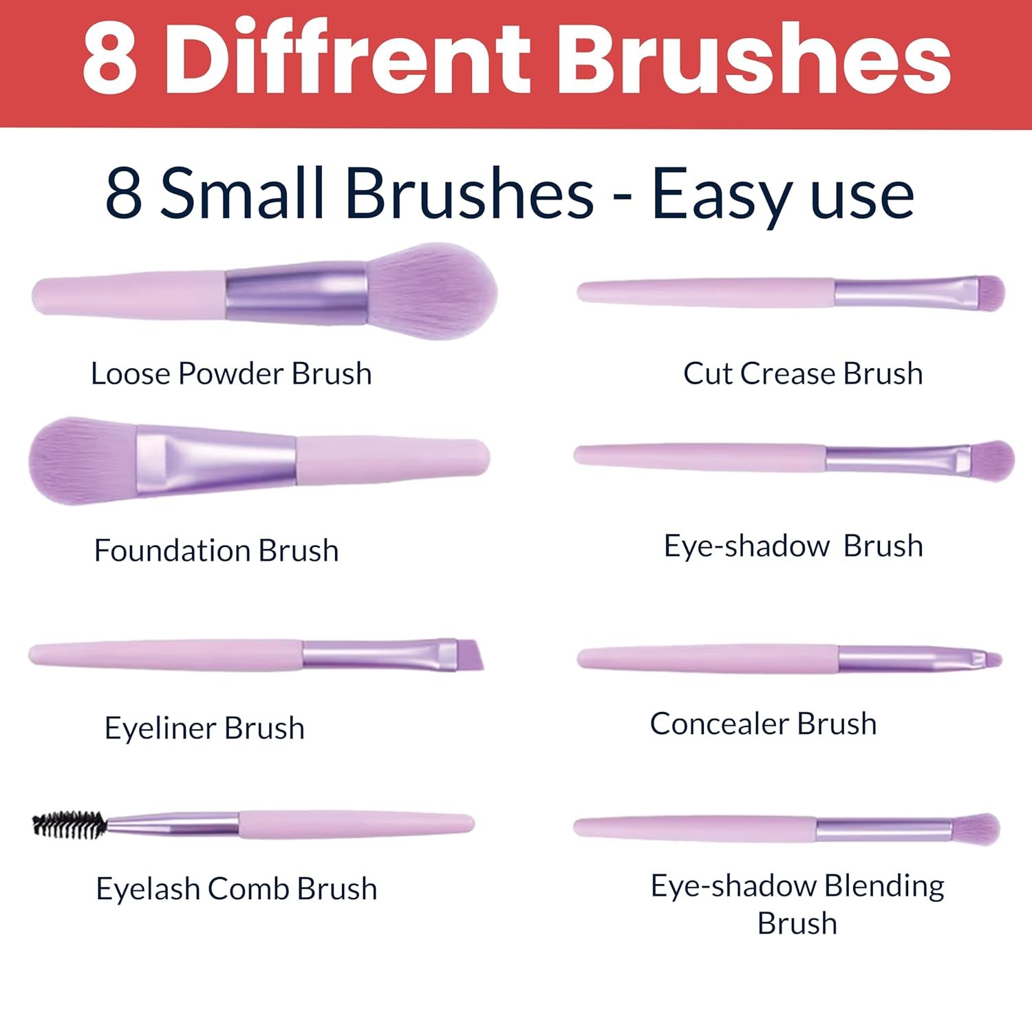 TEMPERIA (Pack of 8) Small Size Makeup Brush Set - Soft Bristles Make Up Brushes Sets Kit for Foundation, Concealers, Eyeshadow, Blush, Compact Face Powder, Highlighter, Contour, Blending Eye Liner - With Pouch (Random Colors) - Image 3