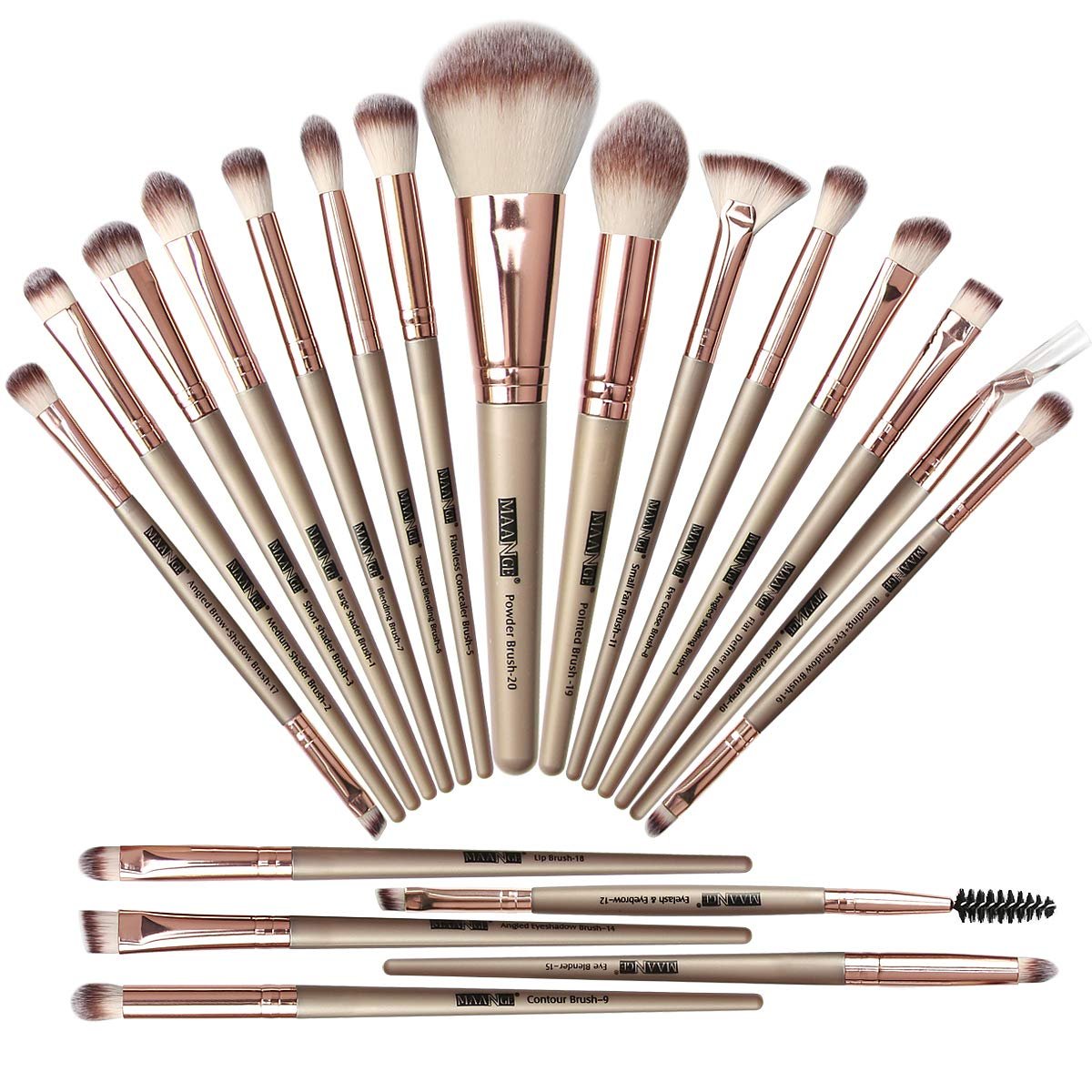Maange 20 Pcs Professional Makeup Brushes Foundation Eyeshadow Blush Brush,Travel Kabuki Blending Concealers Face Powder Eye Make Up Brushes Set Kit (Champagne)