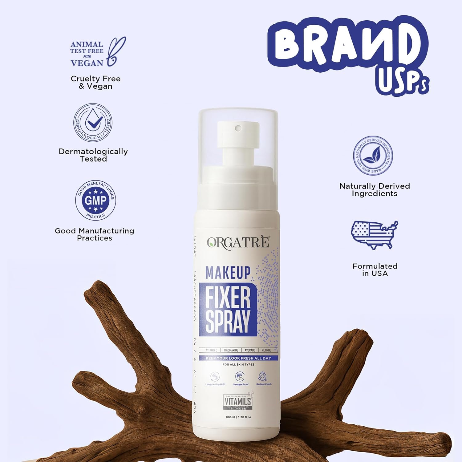 Orgatre Makeup Fixer Spray Waterproof | Long-Lasting for Face | Smudge-Proof Hydrating Finish | With Vitamin C & Niacinamide | Glow After Makeup | For All Skin Types | 100ml - Image 2