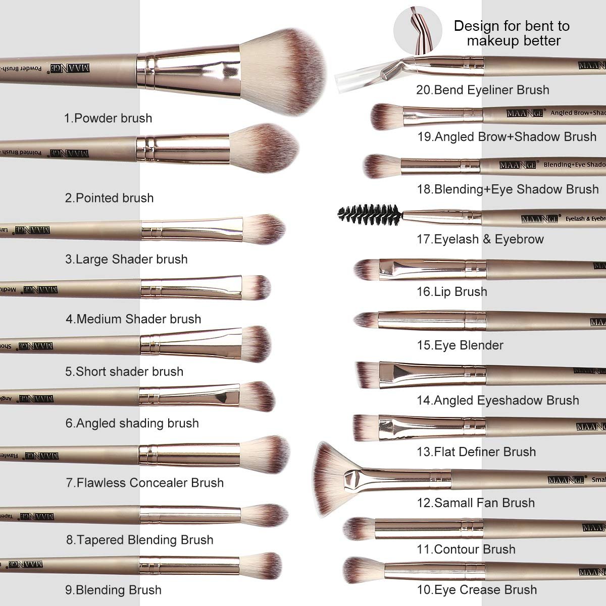 Maange 20 Pcs Professional Makeup Brushes Foundation Eyeshadow Blush Brush,Travel Kabuki Blending Concealers Face Powder Eye Make Up Brushes Set Kit (Champagne) - Image 2