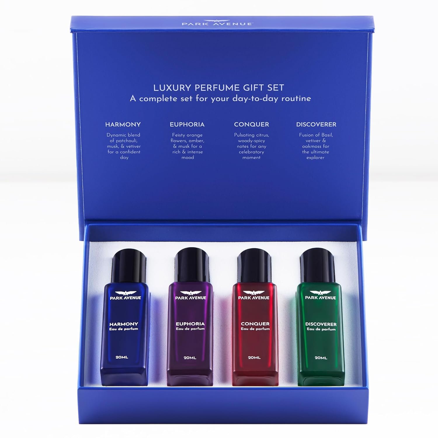 Park Avenue Luxury Perfume Gift Set for Men, 4x20 ml | Euphoria, Conquer, Harmony & Discoverer Perfume | Eau De Parfum | Premium Luxury Perfume for Corporate Man | Long lasting Fragrance | Gift for Men | Rakshabandhan Gifts for Brother | Ideal Birthday, Anniversary Gift Set for men. - Image 3