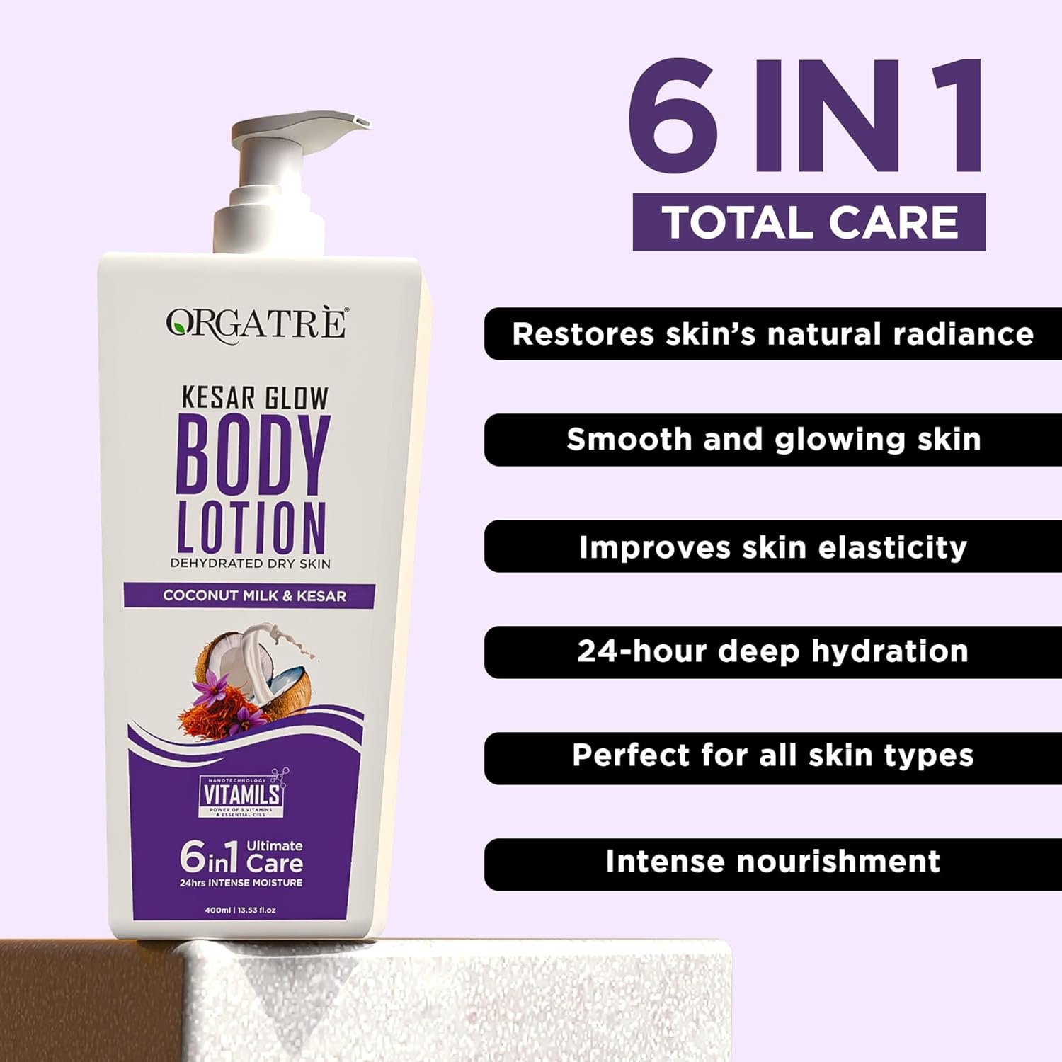 Orgatre Body Lotion with Honey, Almond, Kesar & Alovera | Deep Moisturizing for Dry Skin | For Men & Women | Soothes, Protects & Revitalizes | 24-Hour Intense Hydration - 400ml (Kesar) - Image 2