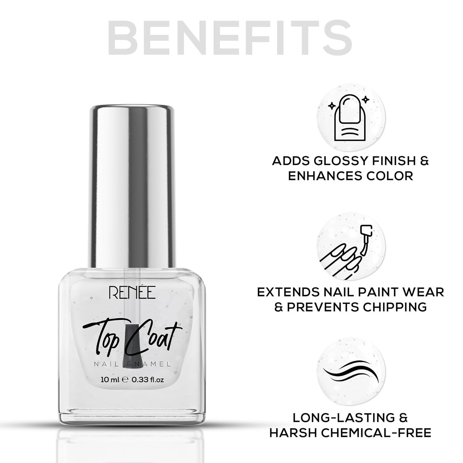 RENEE Top Coat Glossy Finish Nail Enamel, Quick Drying, Long Lasting, Chip Resisting Formula With High Shine & Full Coverage, One Stroke Application, Translucent Layer, 10 Ml - Image 3