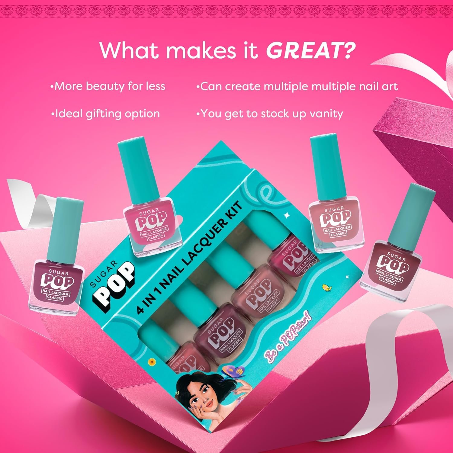 SUGAR POP 4 In 1 Nail Lacquer Kit- 01 Nude Nectar, Matte Finish, 20 Millilitres - Image 2